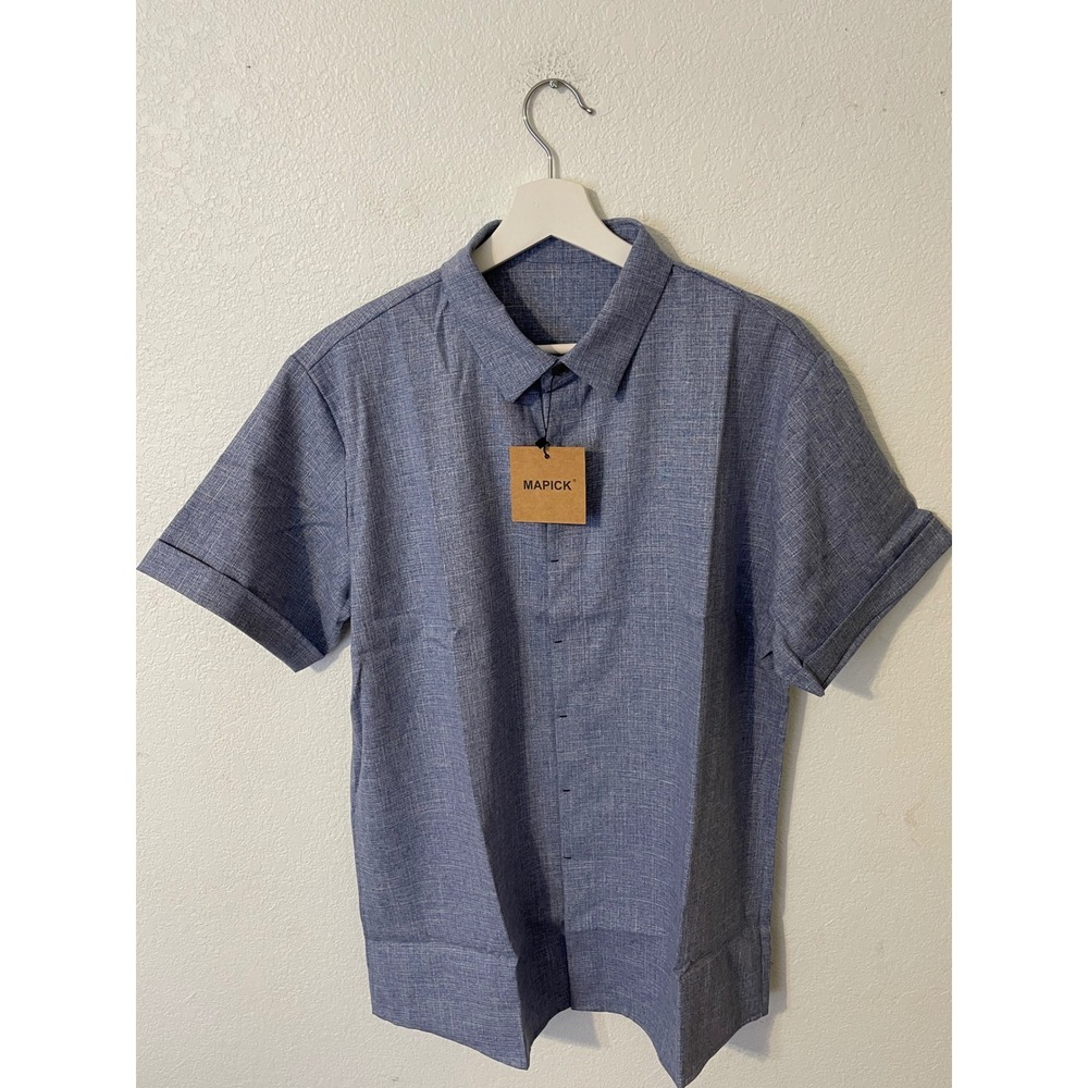 MAPICK Men's Short Sleeve Button Up Shirt Blue‎ Chambray Blend Casual Top